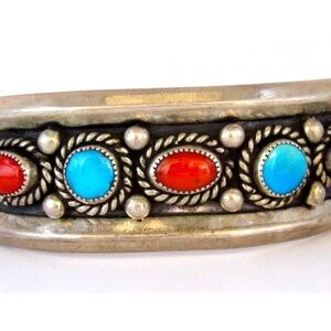 Old Pawn Navajo Turquoise Coral Statement Cuff Bracelet Sterling Silver